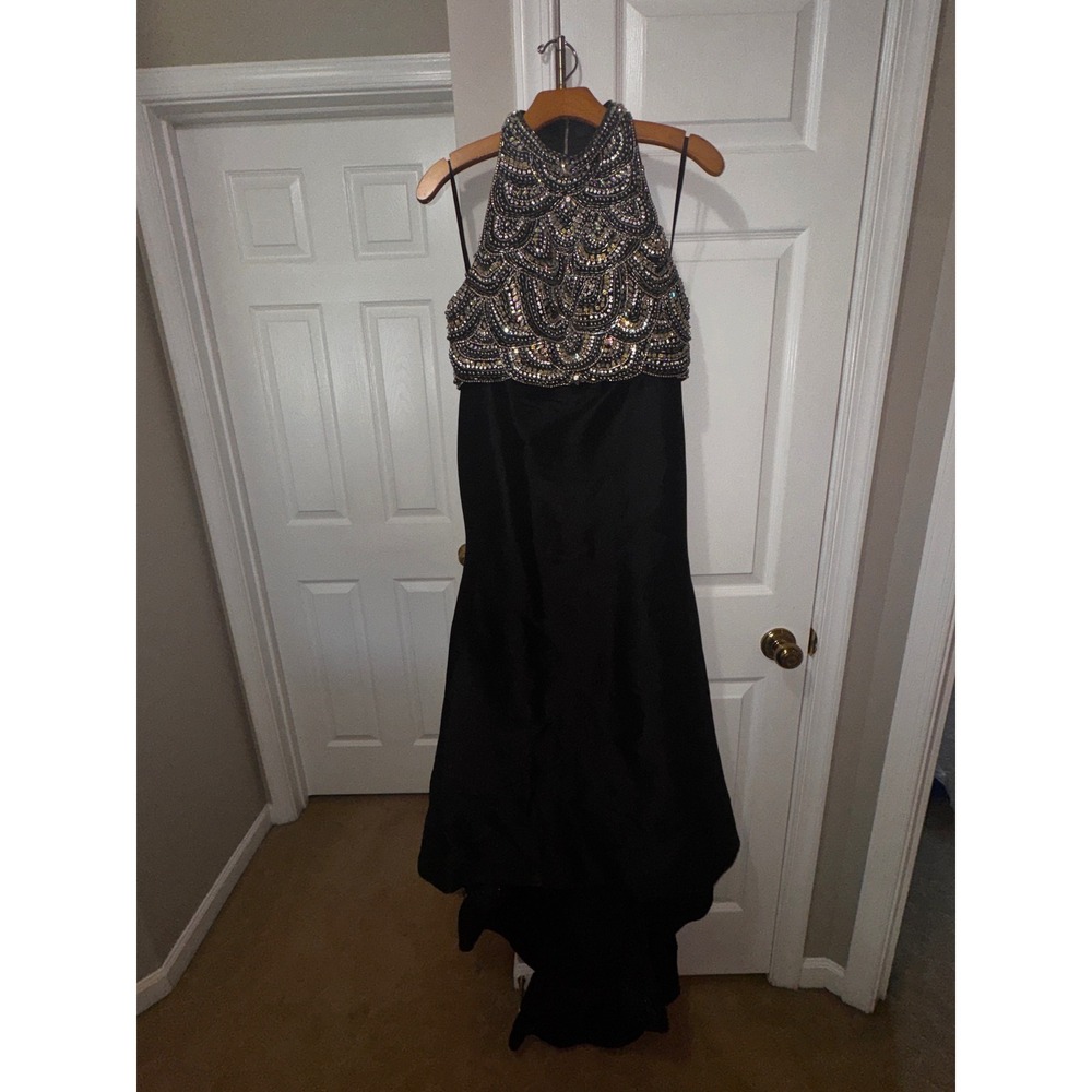 Jovani Black Beaded Halter Neck Formal Gown Prom‎ Dress Size 4 Scalloped Bodice - Picture 5 of 12